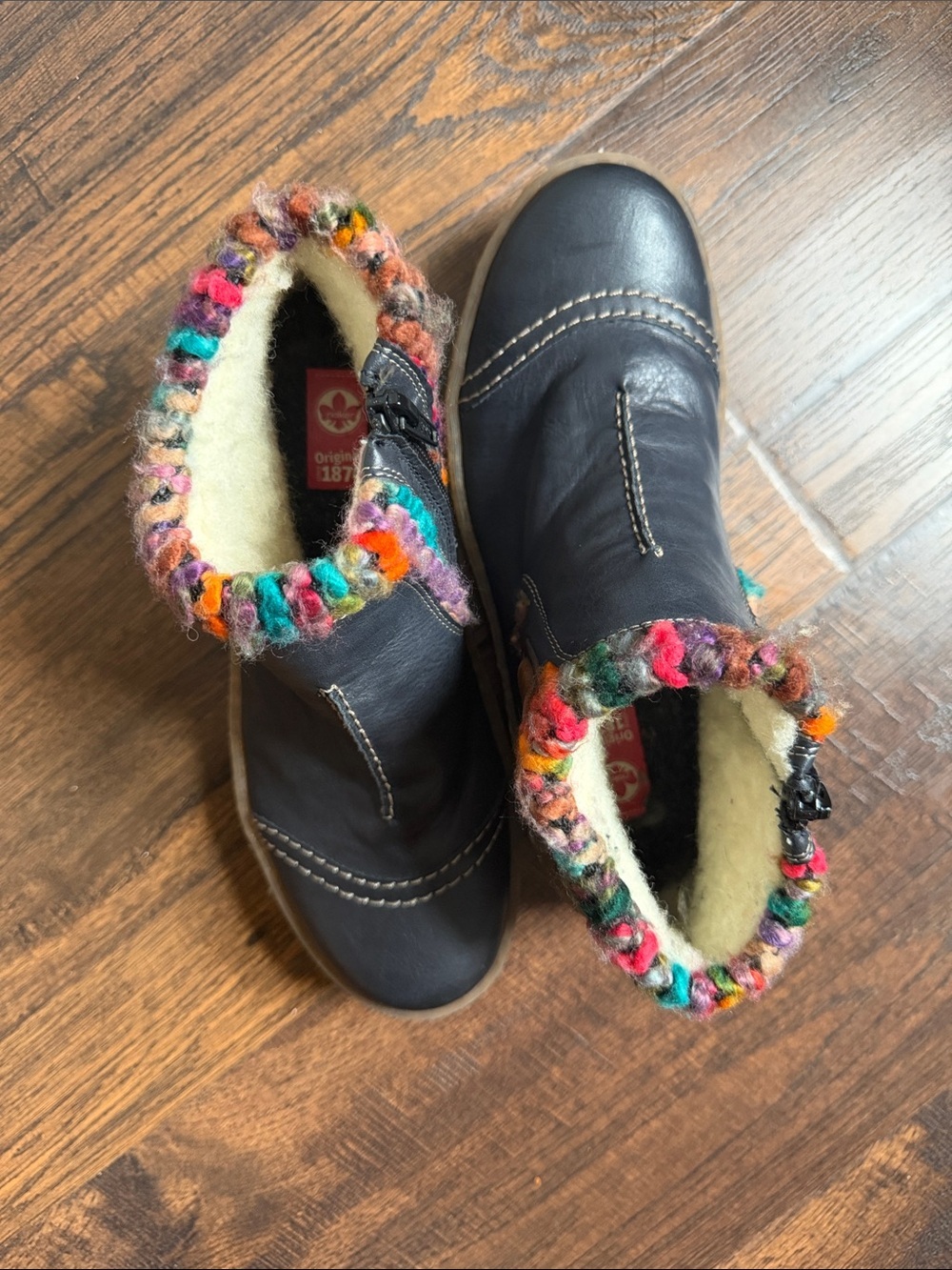 Rieker Felicitas Ankle Boots EU 37 US 6.5 Blue Leather Multicolor Knit Cuff - Picture 2 of 7